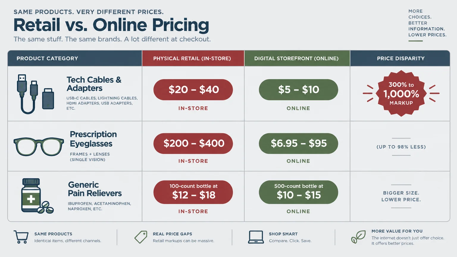 Price comparison table showing in-store versus online costs for tech cables, prescription eyeglasses, and pain relievers.