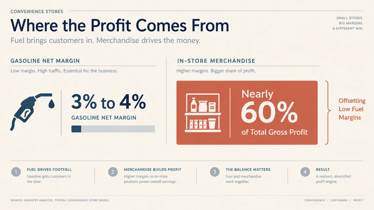 Infographic comparing a 3% to 4% gasoline net margin on the left with nearly 60% of total gross profit for in-store items.