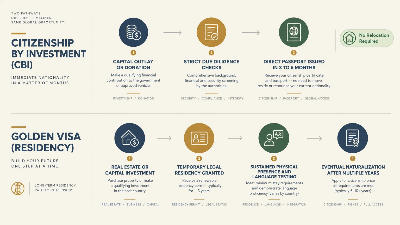 Flowchart comparing the multi-step pathways and timelines of Citizenship by Investment versus Golden Visa residency.