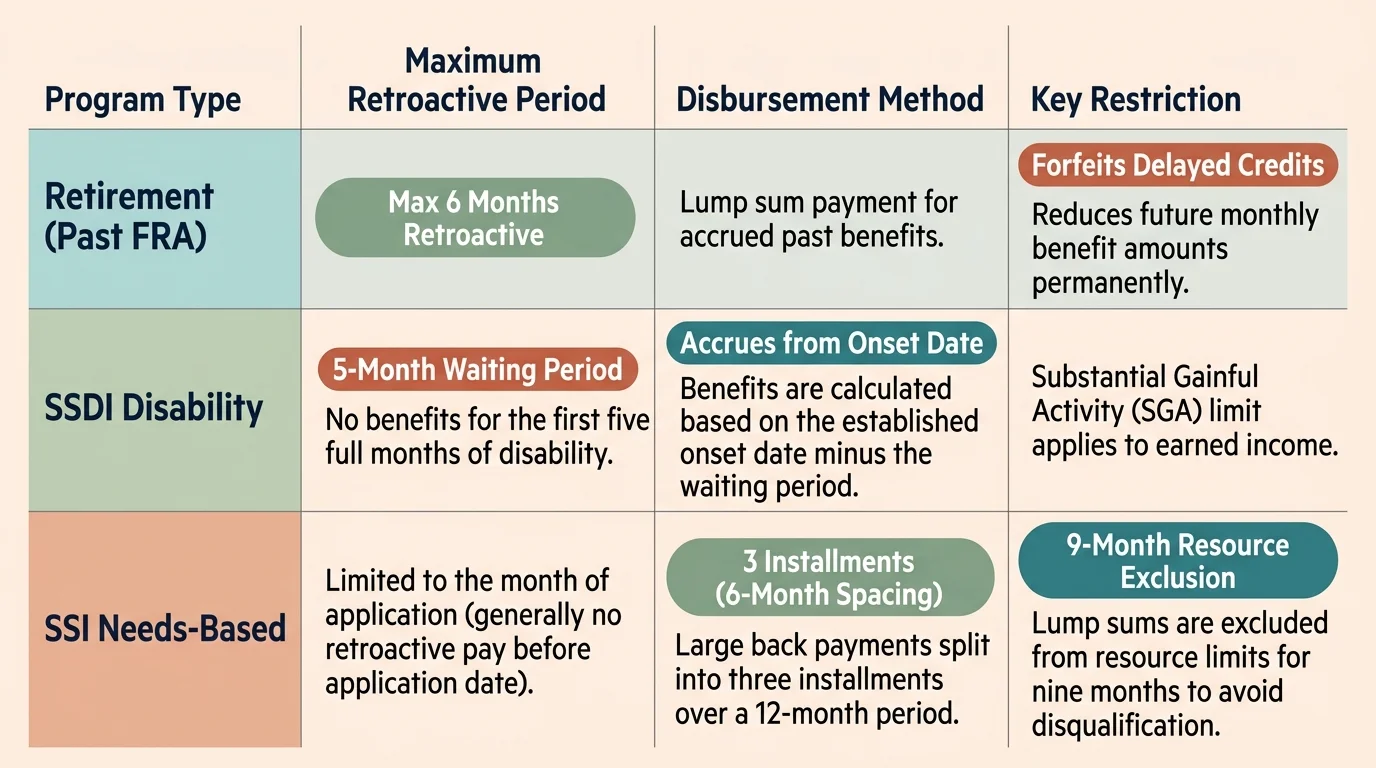 Table comparing retroactive limits, disbursement methods, and key restrictions for Retirement, SSDI, and SSI programs.