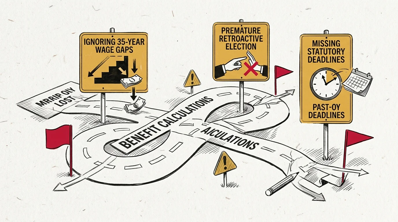 Illustration of a winding benefit calculations road lined with yellow warning signs and red flags.