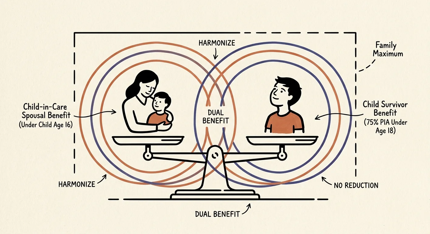 Illustration of a balance scale and overlapping circles showing child-in-care spousal and child survivor benefits.