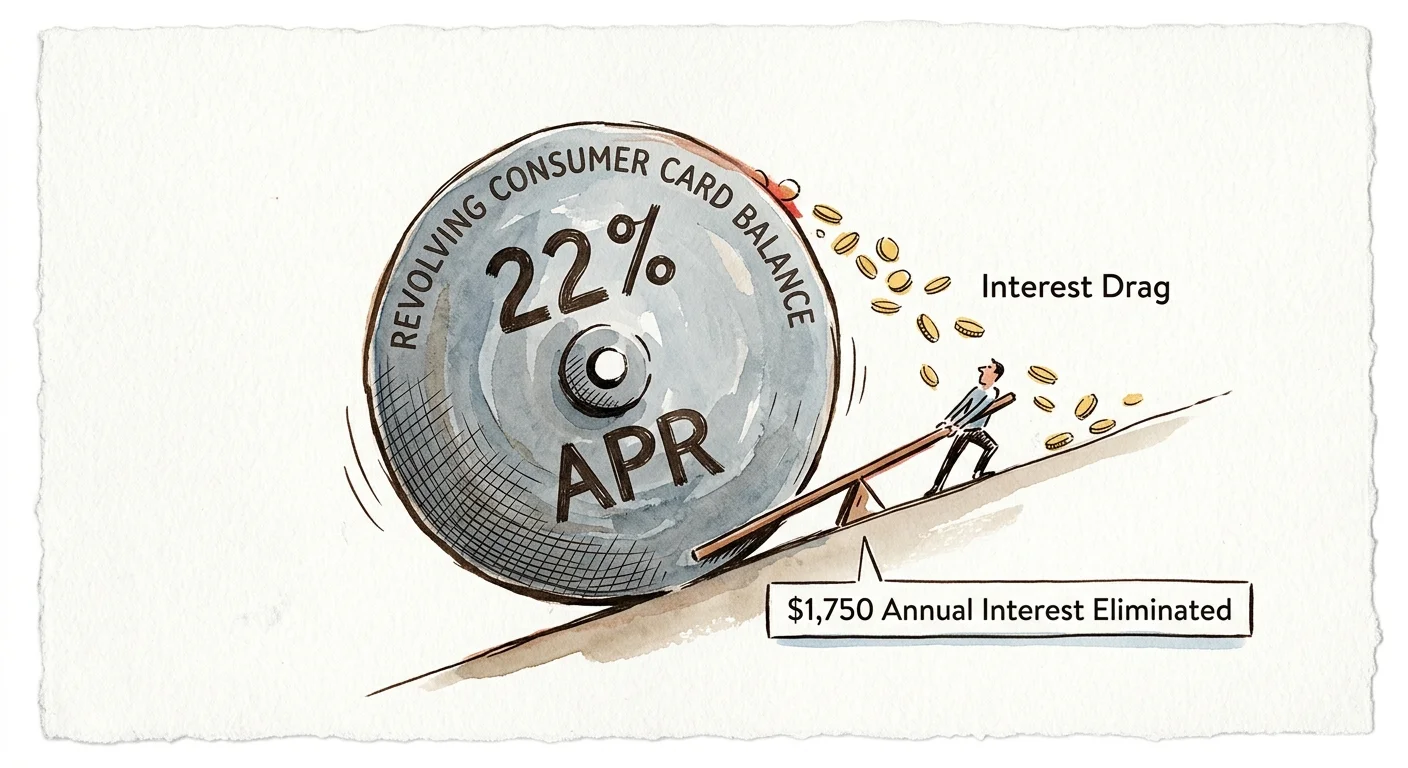 A man uses a lever to stop a giant rolling weight labeled 22% APR on a hill, with gold coins scattering.
