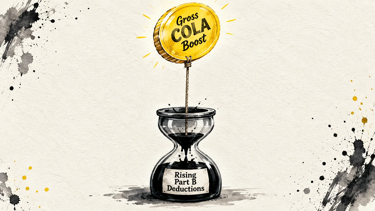 Illustration of a gold coin labeled Gross COLA Boost tethered to an hourglass marked Rising Part B Deductions.