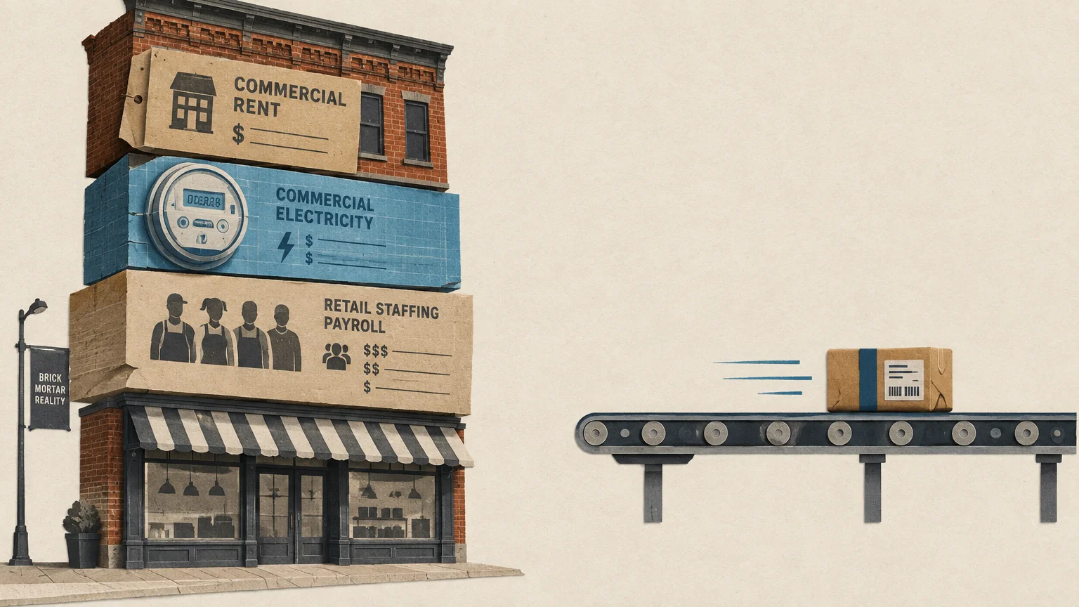 Illustration of a storefront stacked with operating cost labels beside a package moving along a conveyor belt.