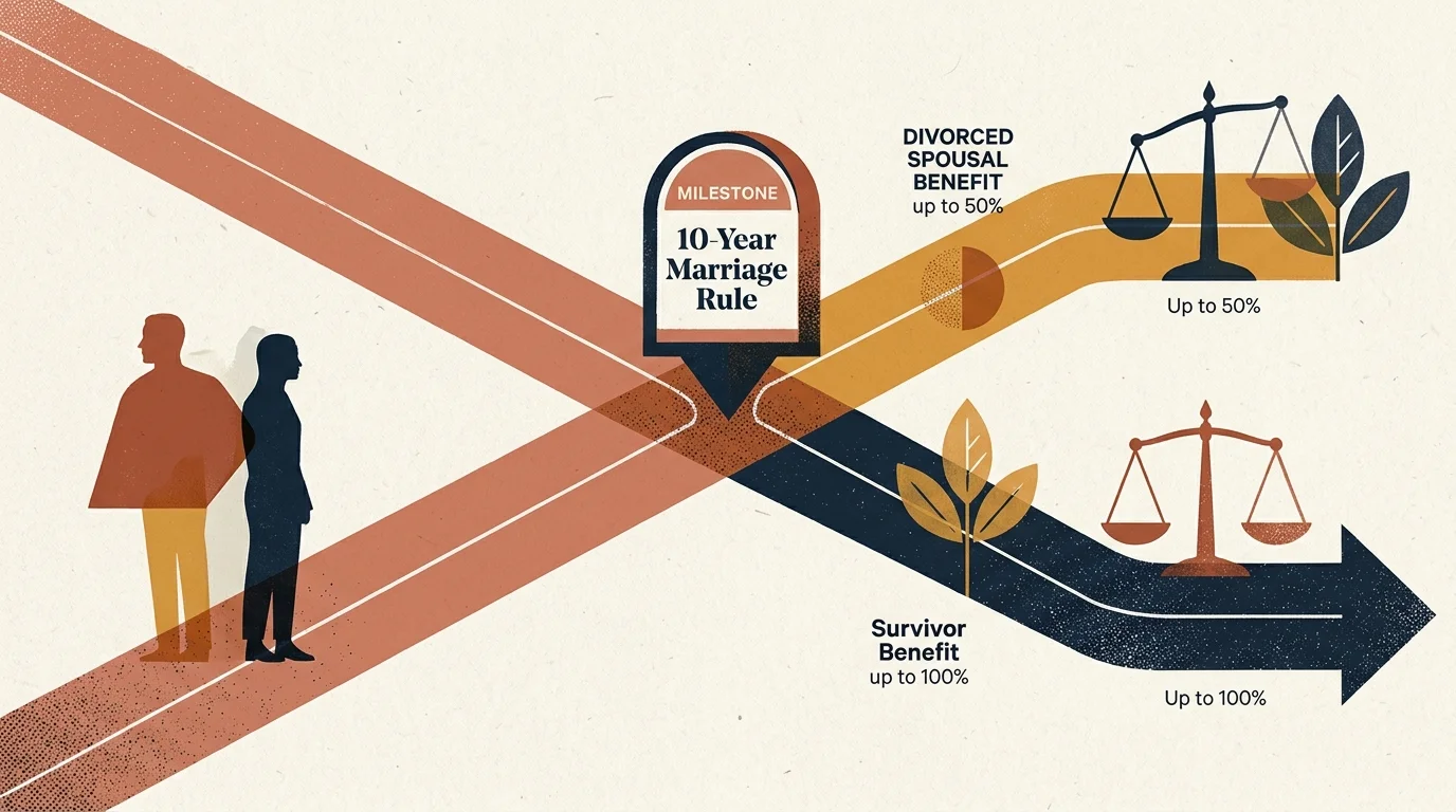 Diagram showing paths from a separated couple through a 10-Year Marriage Rule milestone to spousal and survivor benefits.