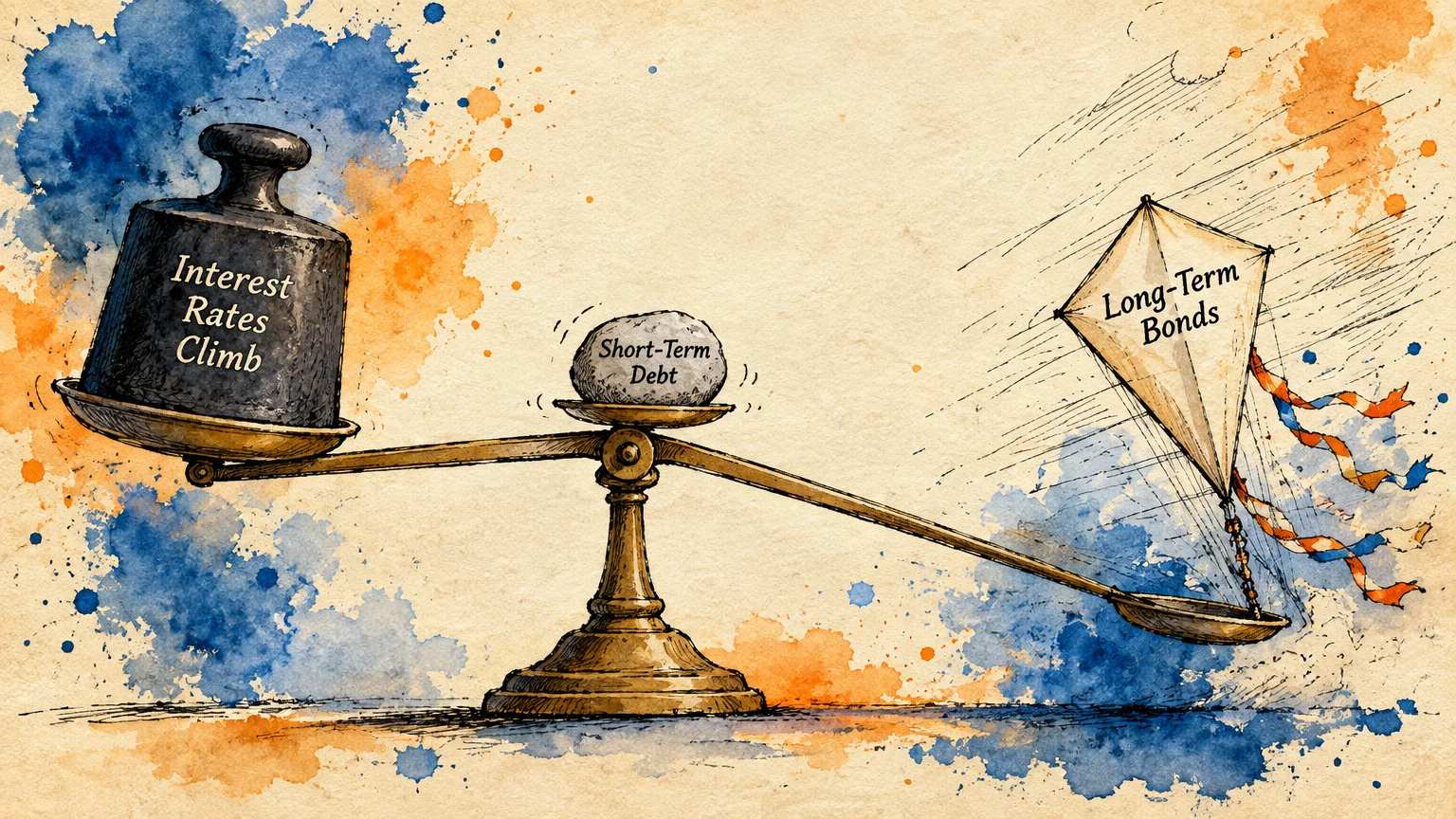 Illustration of a brass balance scale holding a heavy weight, a stone, and a kite labeled with financial terms.