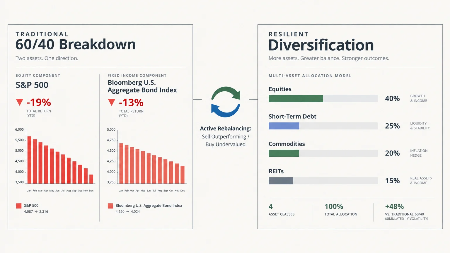 Comparison between a traditional 60/40 portfolio breakdown and a resilient diversification model with four asset classes.