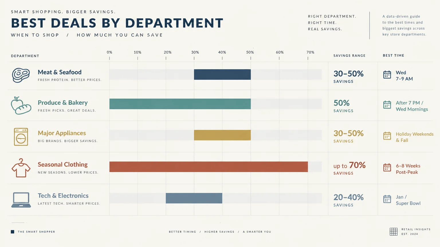 Horizontal bar chart comparing savings ranges and best shopping times across five retail departments.