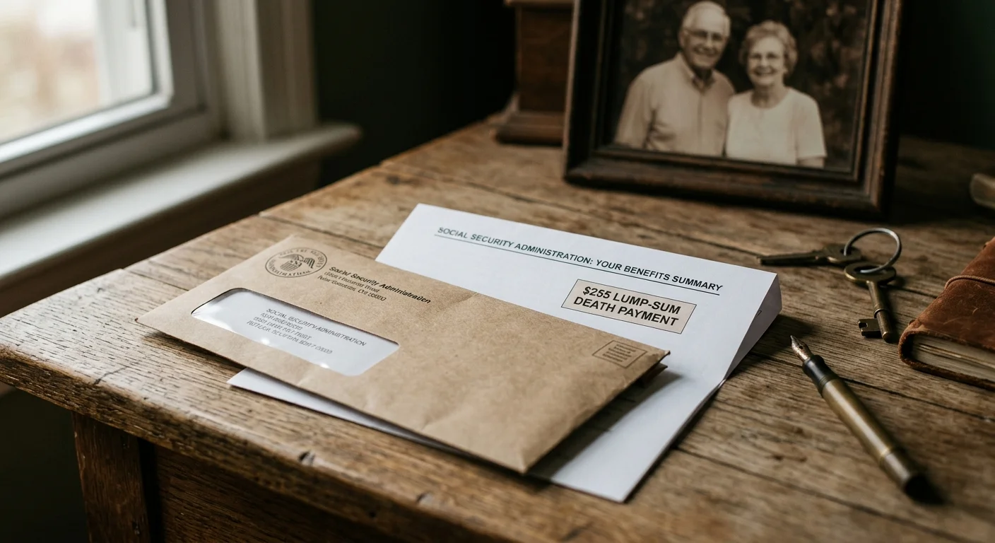 Social Security benefits summary paper reading "$255 LUMP-SUM DEATH PAYMENT" next to an envelope on a wooden desk.