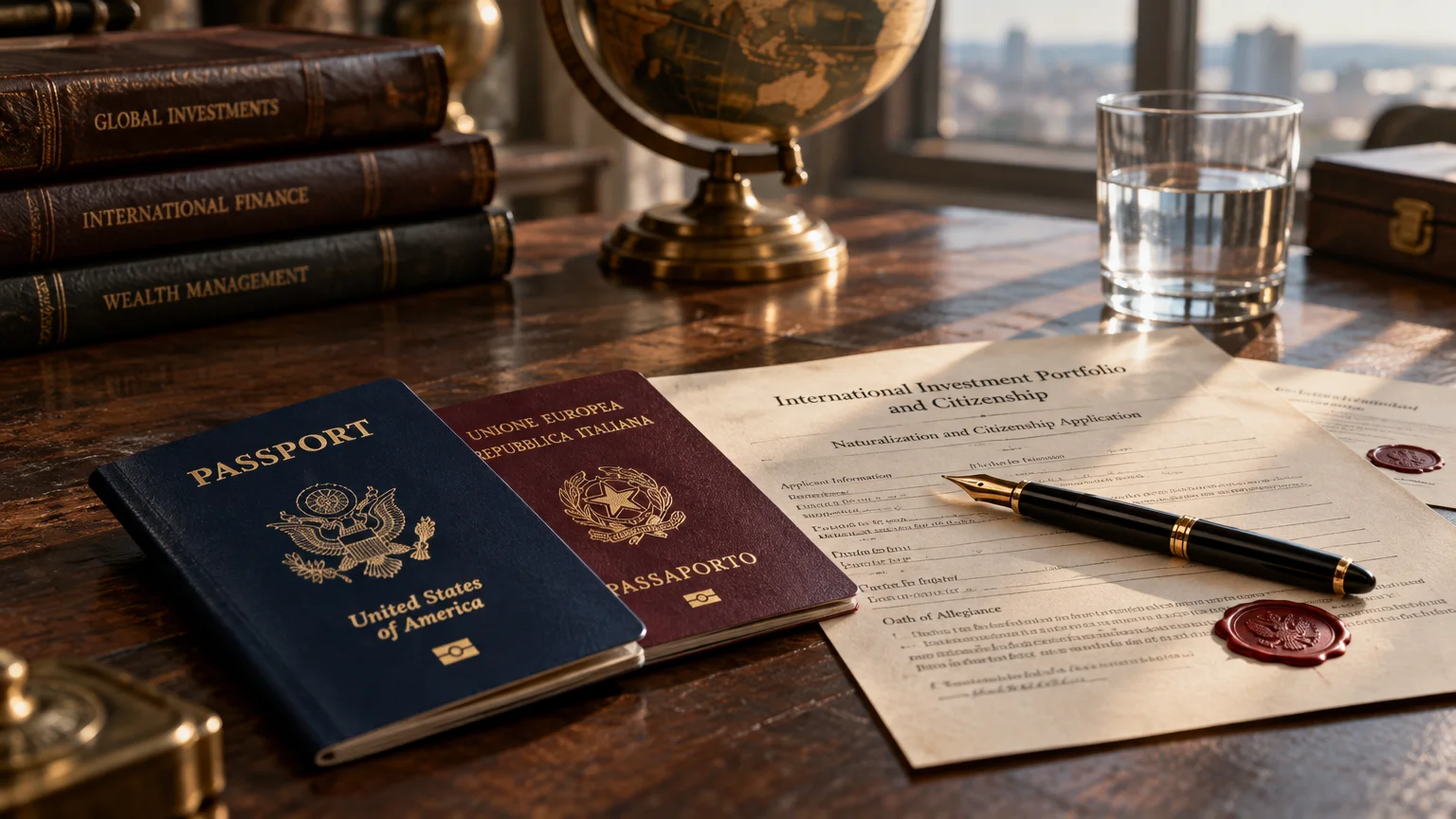Two passports, an application document, a fountain pen, books, and a globe sitting on a wooden desk by a window.