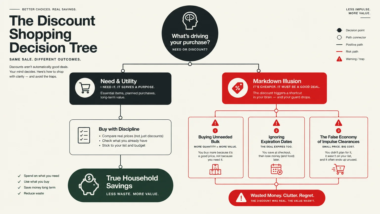 Decision tree flowchart contrasting shopping based on need and utility versus falling for markdown illusions and retail traps.