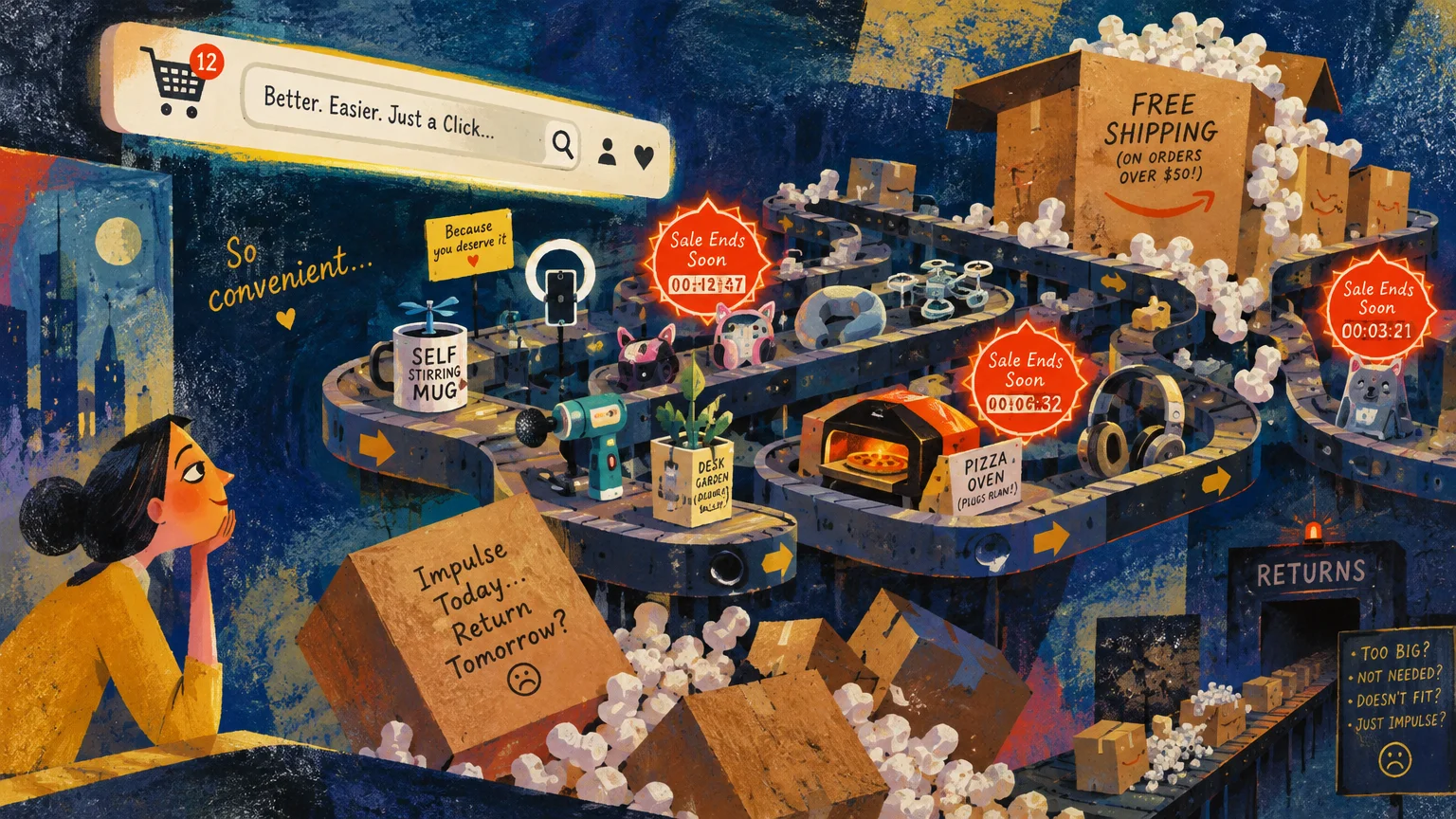 Illustration of a woman watching conveyor belts overloaded with online shopping packages, impulse goods, and countdown timers.