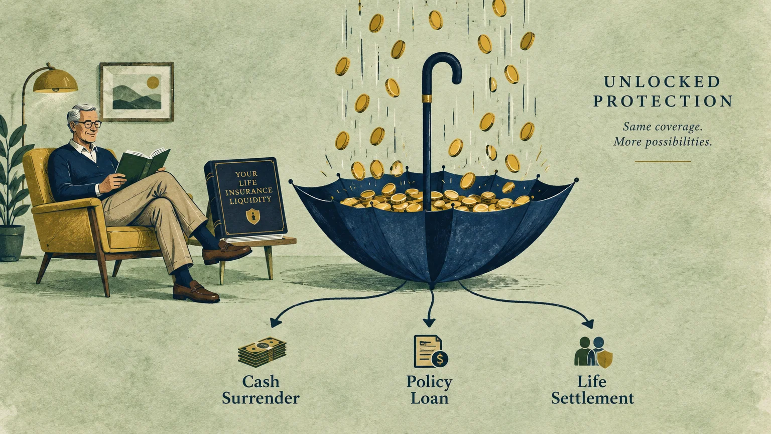 Illustration of a senior reading while an inverted umbrella catches falling coins, branching to three cash options.