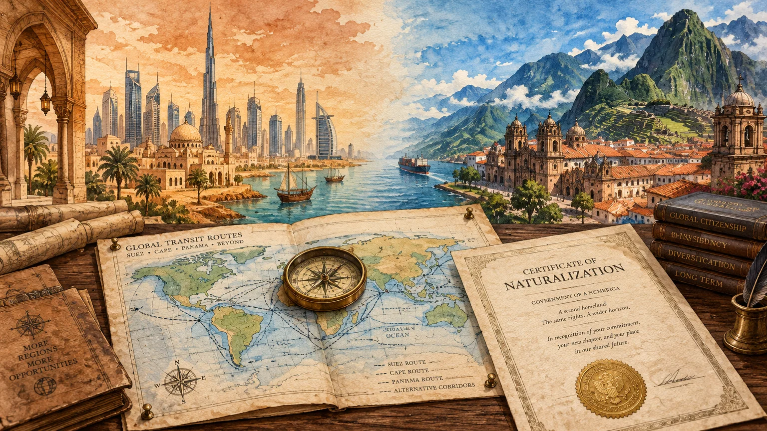 Split illustration of a Middle Eastern skyline, Latin American mountains, and a desk with a world map and certificate.