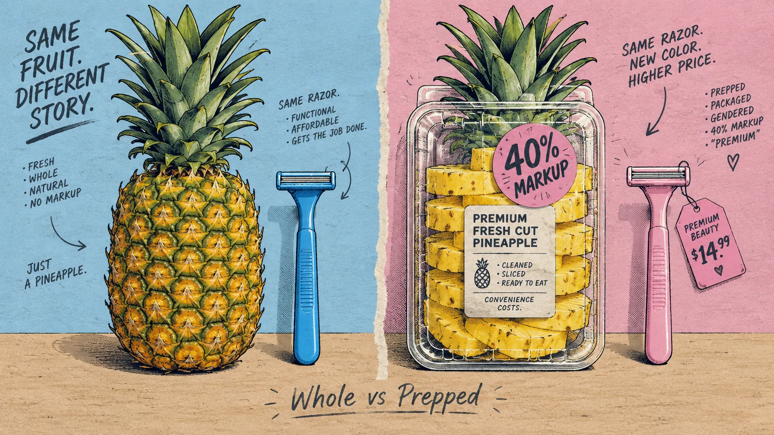 Split illustration contrasting a whole pineapple and blue razor against packaged pineapple slices and an expensive pink razor.