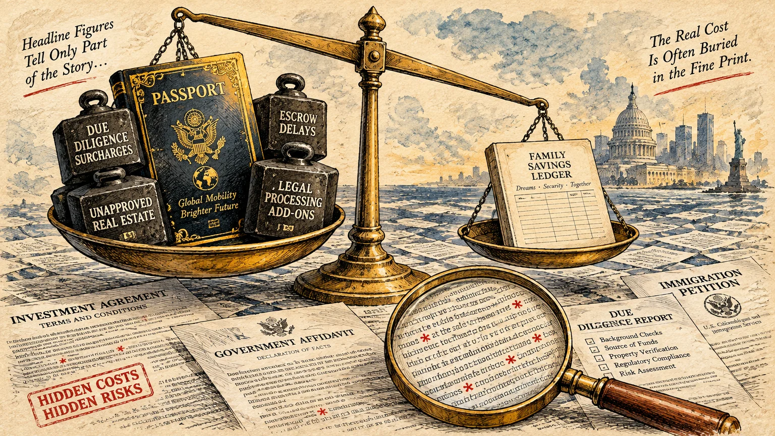 Illustration of brass scales weighing a passport and weights against a ledger, set over legal documents and a magnifier.