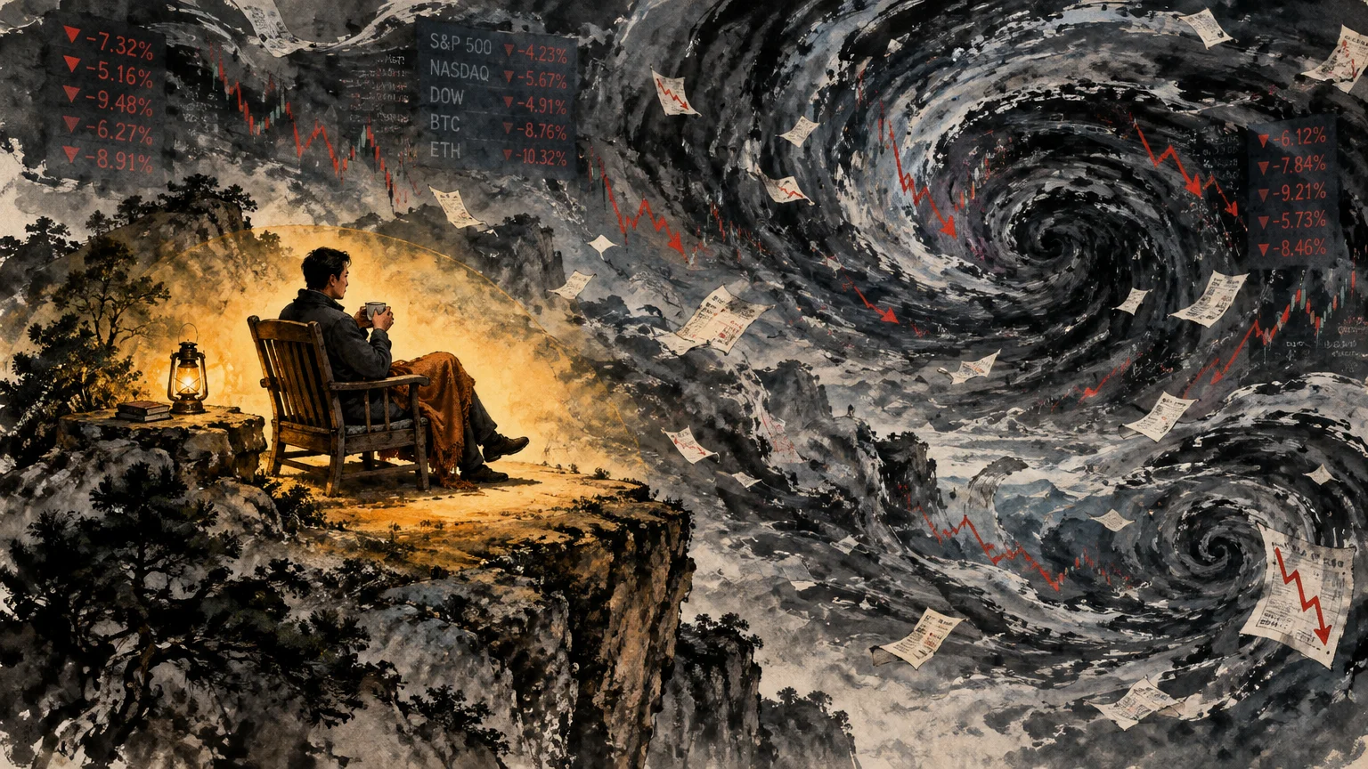 Illustration of a calm man seated on a cliff edge beside a lantern, watching a stormy vortex of falling stock charts.
