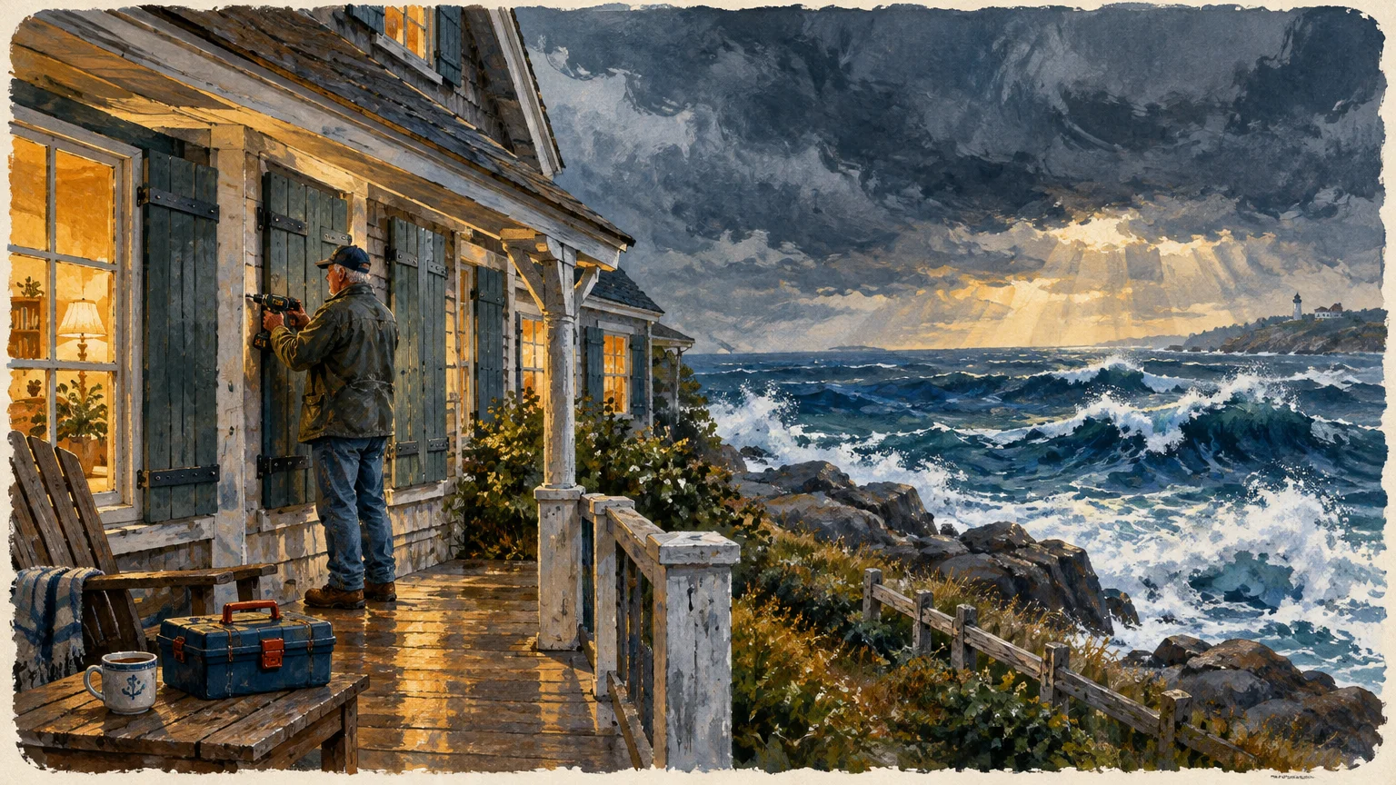 Illustration of a man boarding up house shutters on a coastal porch as stormy ocean waves crash against the rocky shore.