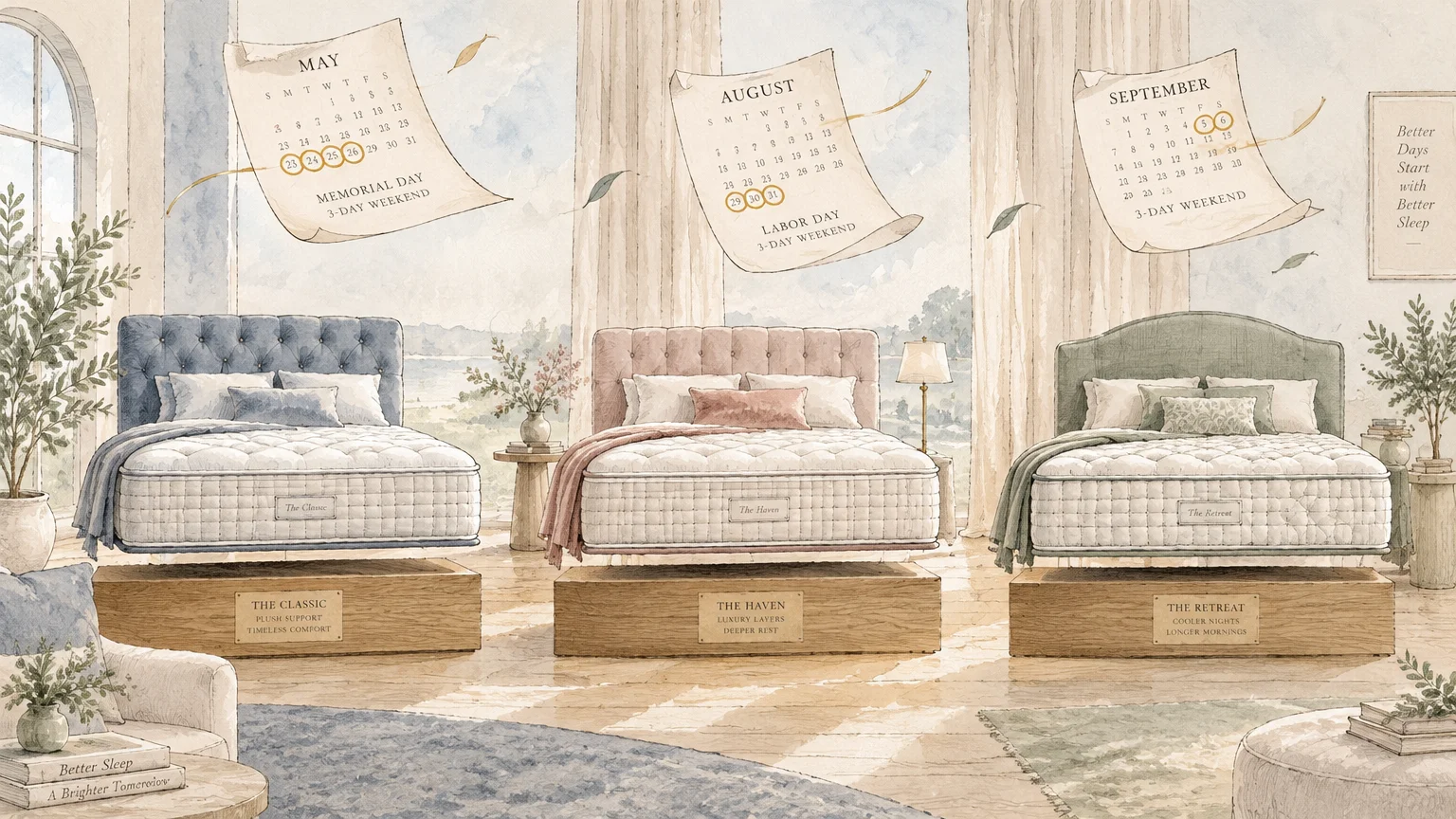 Illustration of three plush beds in a showroom below floating calendar pages marking three-day holiday weekends.