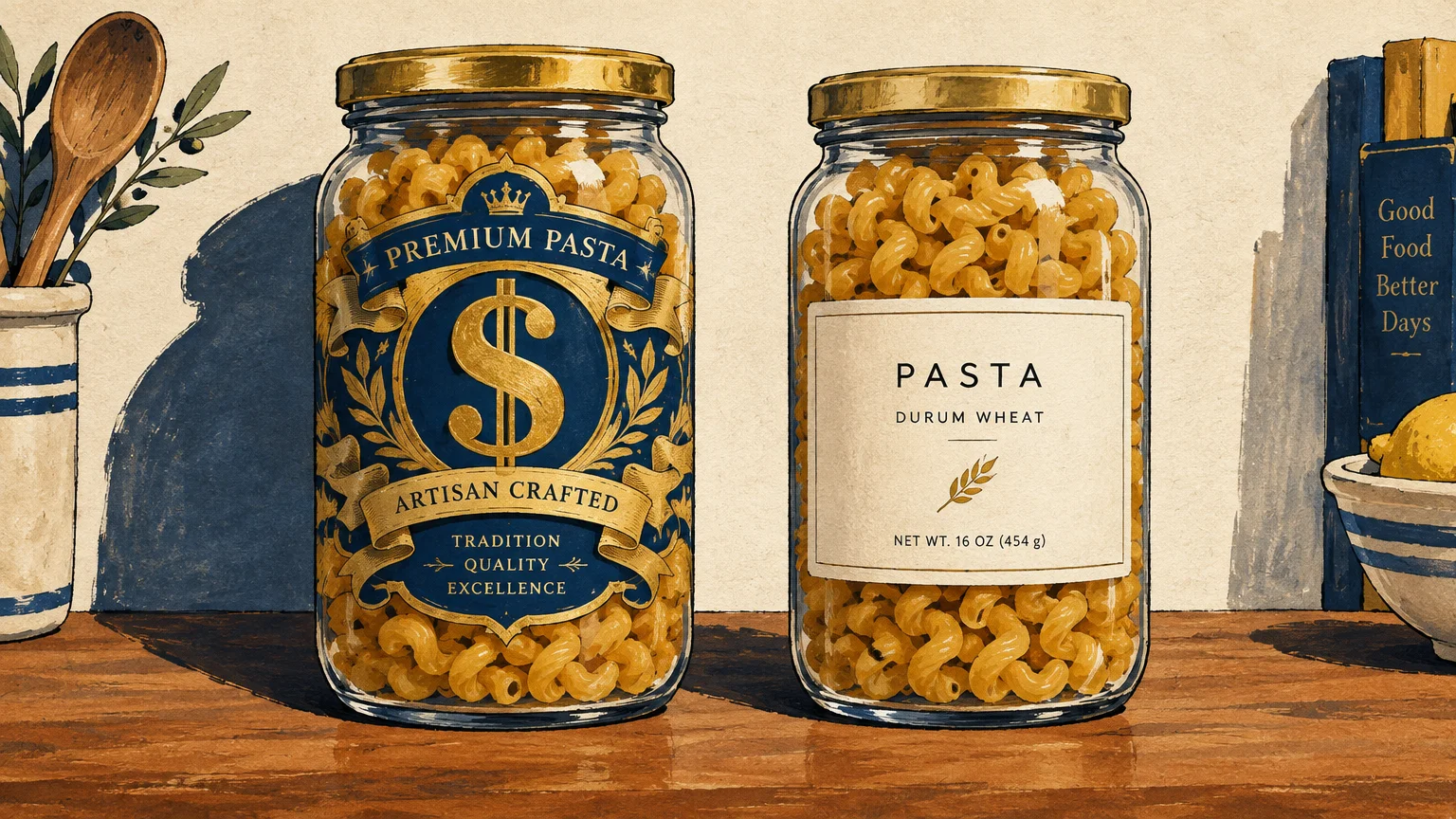 Illustration of two glass jars of pasta on a counter, one with an ornate blue and gold label and one with a plain label.