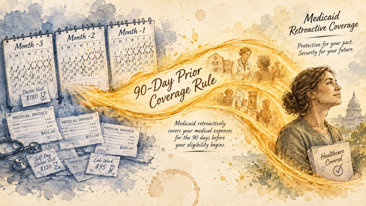 Illustration of medical bills and calendars flowing into an image of a smiling woman holding covered healthcare papers.