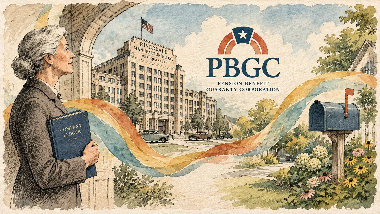 Illustration of an older woman holding a ledger, a factory, the PBGC logo, and a residential mailbox.