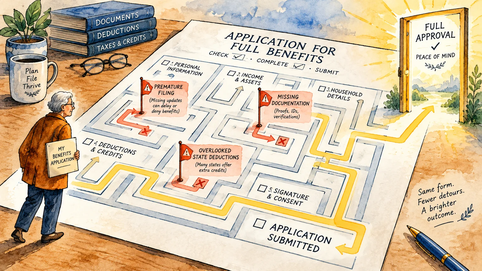Illustration of a senior walking through a maze-like benefit application form toward an open door marked full approval.
