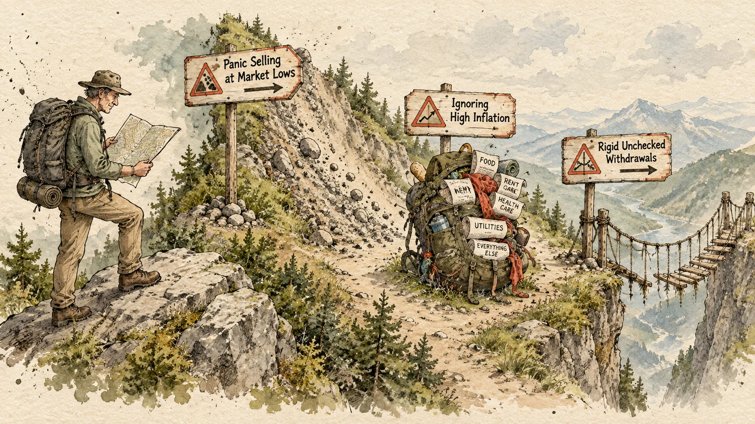Illustration of a hiker facing warning signs about panic selling, inflation, and withdrawals along a dangerous mountain trail.
