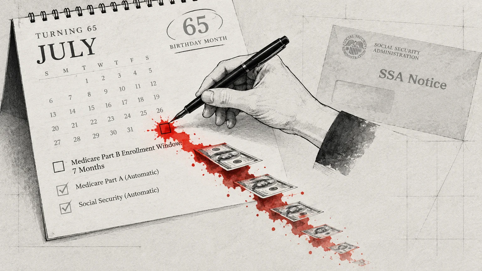 Illustration of a hand marking a 65th birthday calendar with red ink leaking onto dollar bills next to an SSA notice envelope.