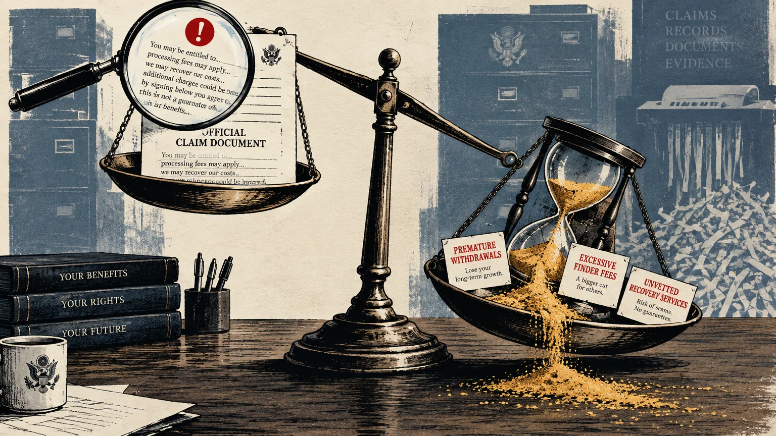 Balance scale holding an official claim document on one side and a broken hourglass spilling sand on the other.