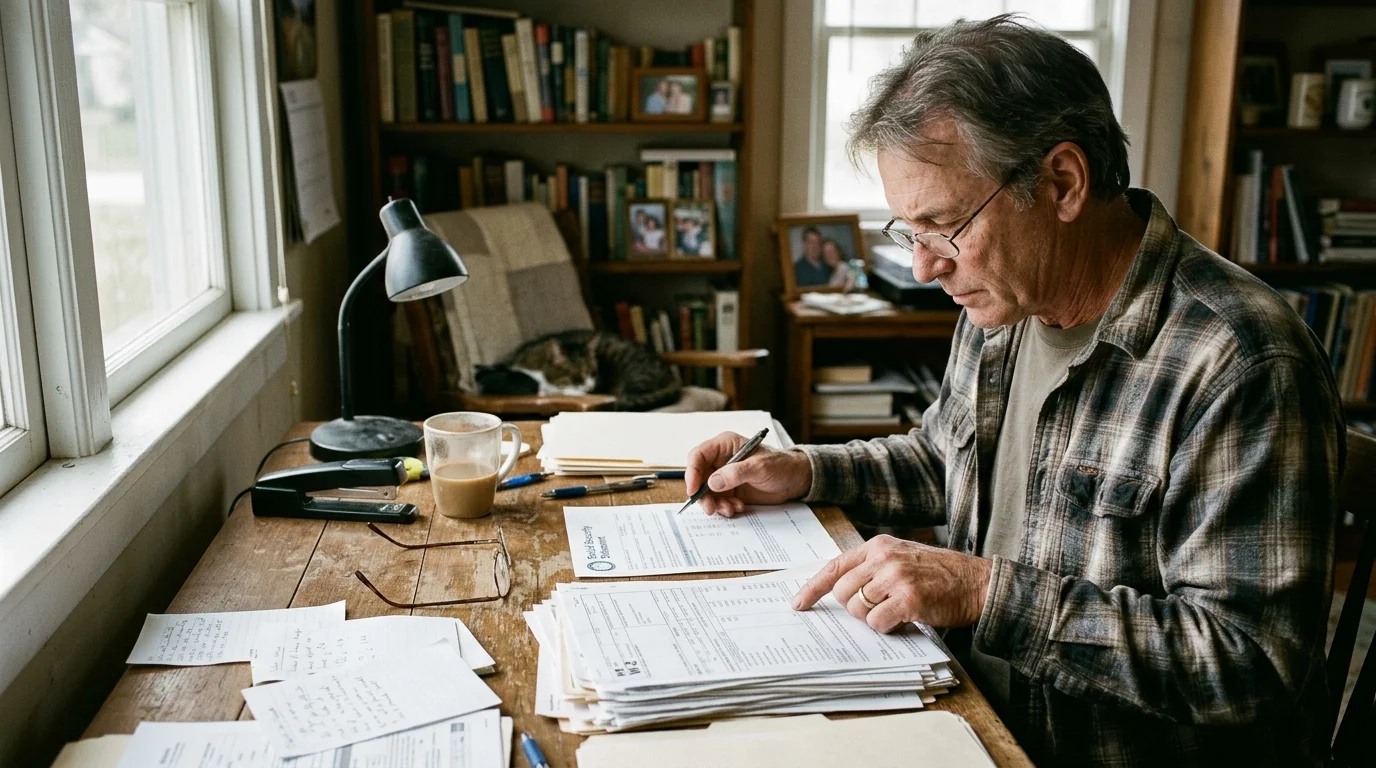 A man wearing glasses sits at a wooden desk reviewing stacks of printed financial documents and forms.