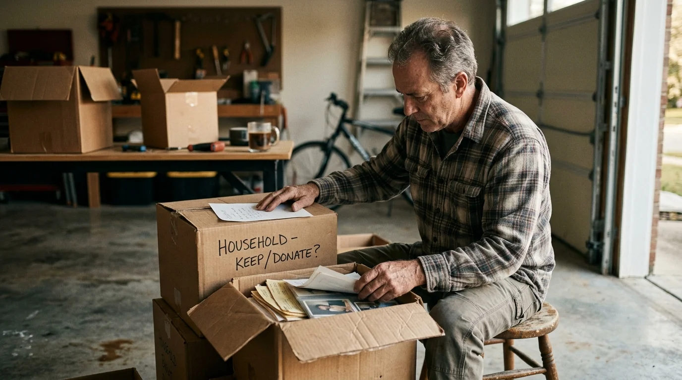 A man sitting on a stool in a garage sorts through papers in cardboard moving boxes labeled "Household - Keep/Donate?".