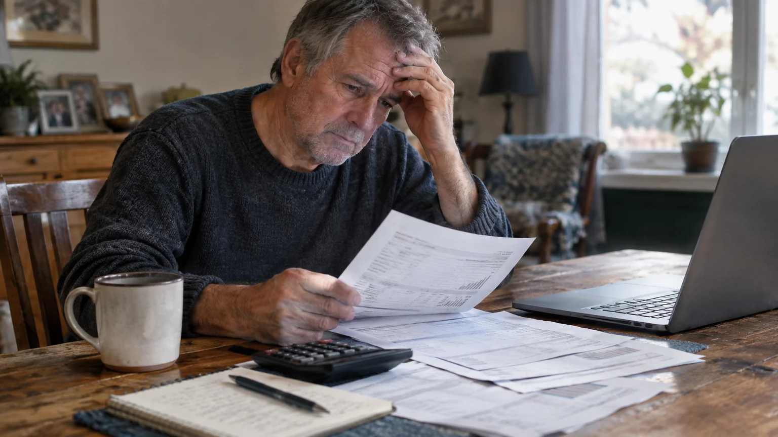 A stressed older man at a dining table holding financial paperwork next to a laptop, calculator, notebook, and mug.