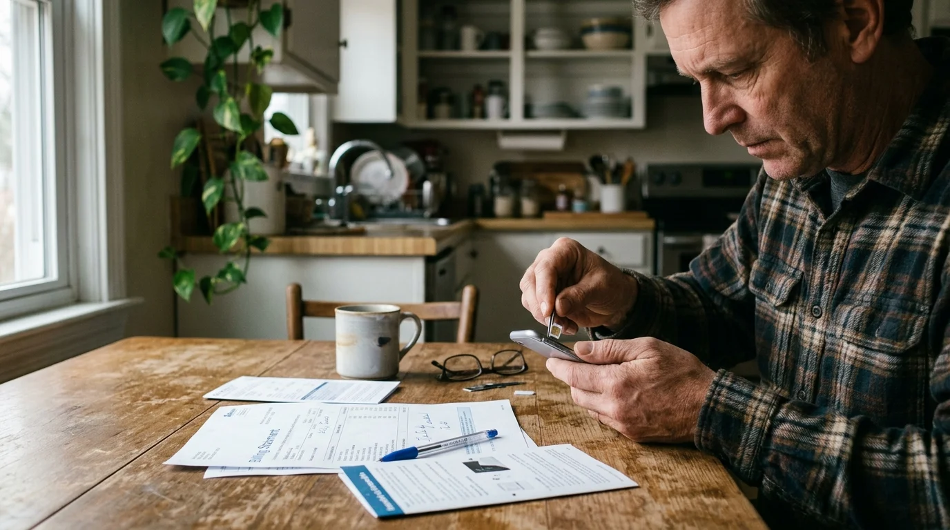 A man sitting at a kitchen table inserts a SIM card into his smartphone beside billing statements.