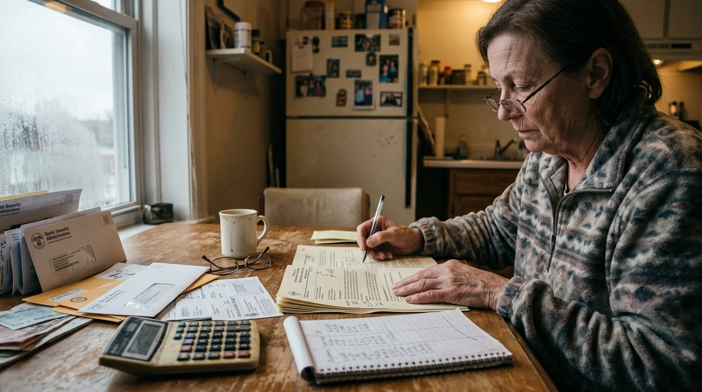 A woman wearing glasses sits at a wooden table reviewing financial paperwork with a calculator nearby.