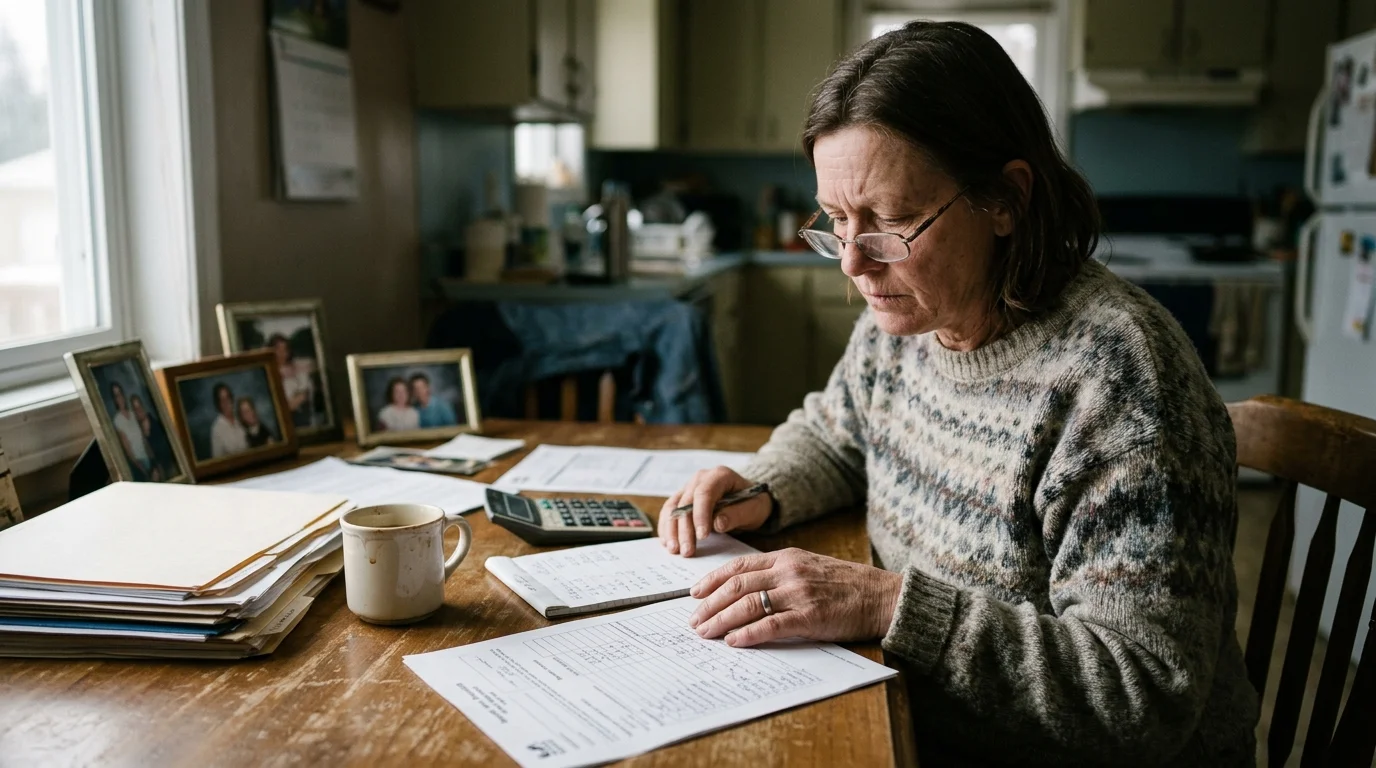 A woman wearing glasses sits at a wooden table reviewing paperwork, writing in a notepad next to a calculator.