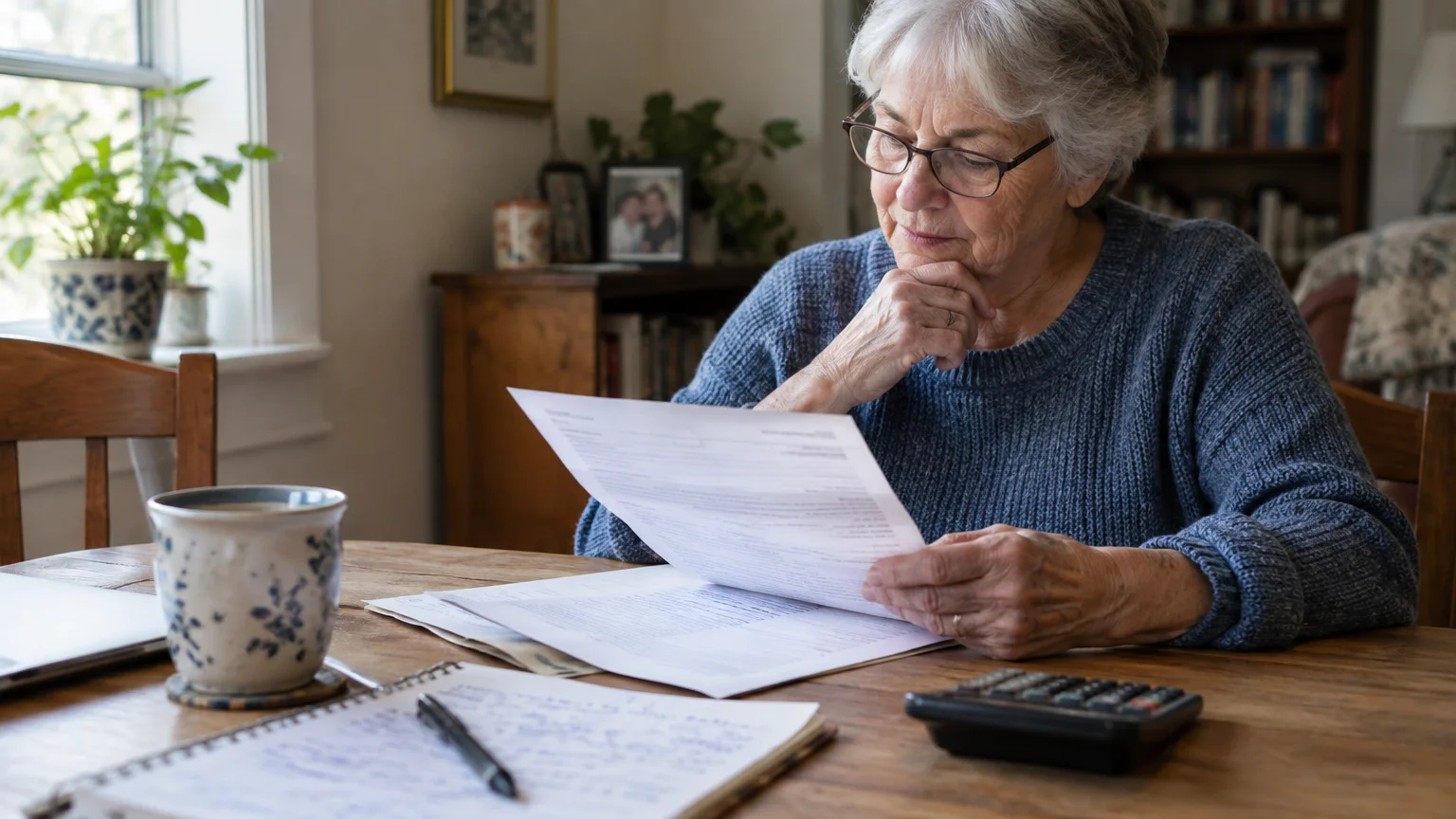 A senior woman wearing glasses sits at a wooden table reviewing printed documents beside a calculator and notepad.