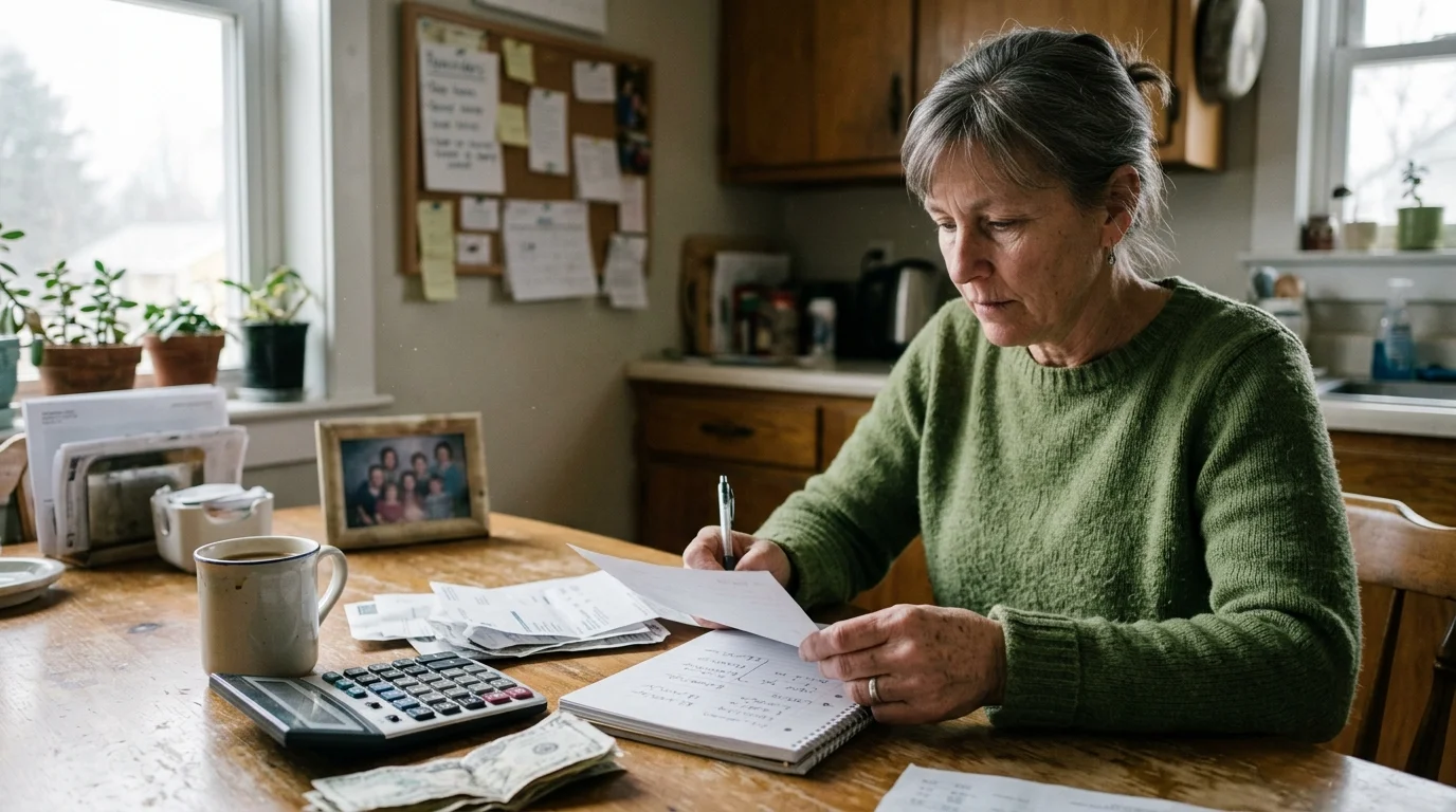 A woman in a green sweater sits at a kitchen table reviewing bills with a notebook, pen, calculator, and cash.