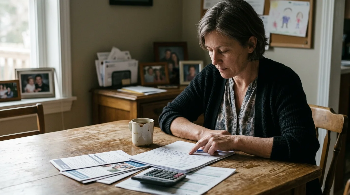A woman sits at a wooden dining table reviewing paperwork with a calculator and coffee mug nearby.