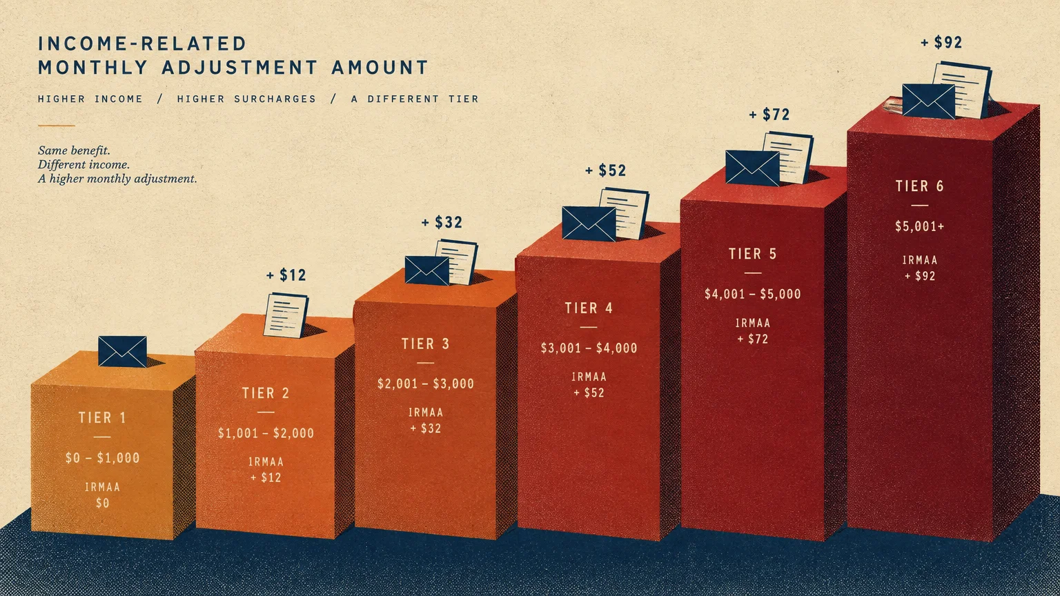 Illustration of six rising columns representing income tiers and increasing monthly IRMAA surcharges topped with envelopes.