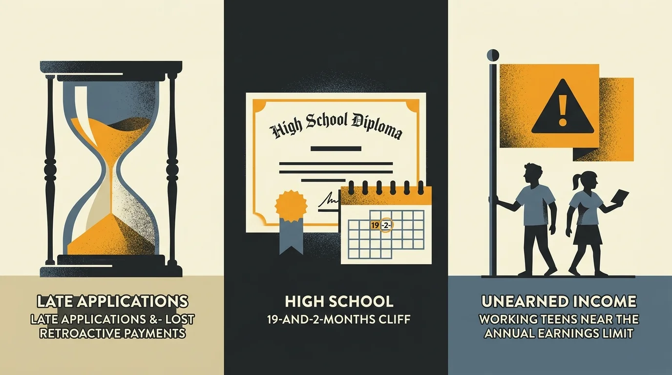 Three panels illustrating late applications with an hourglass, high school diploma rules, and unearned income warnings.
