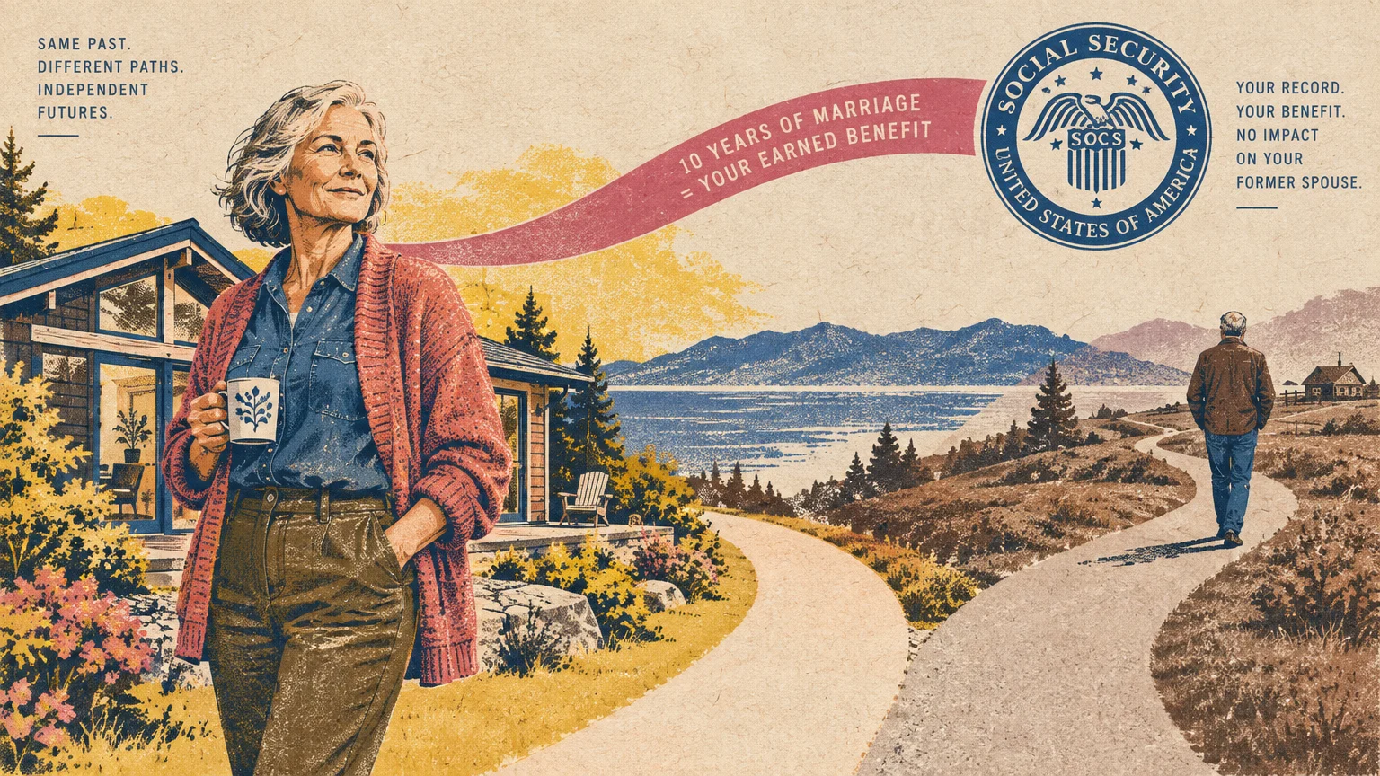 Split vintage illustration of a smiling woman by a cabin and a man walking down a path beside a lake and mountains.