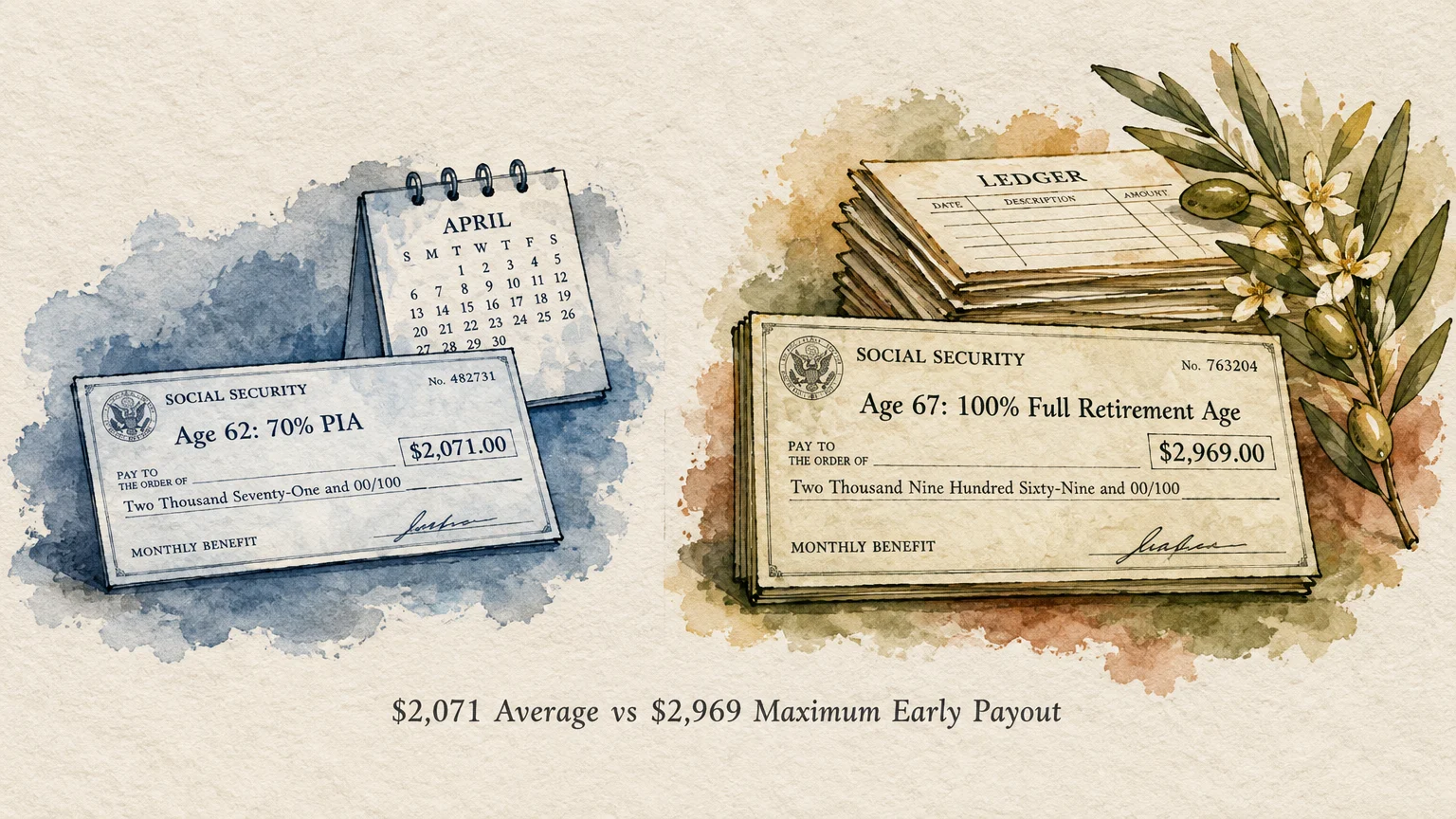 Watercolor illustration of two Social Security checks comparing age 62 at $2,071 with age 67 at $2,969 alongside a calendar.