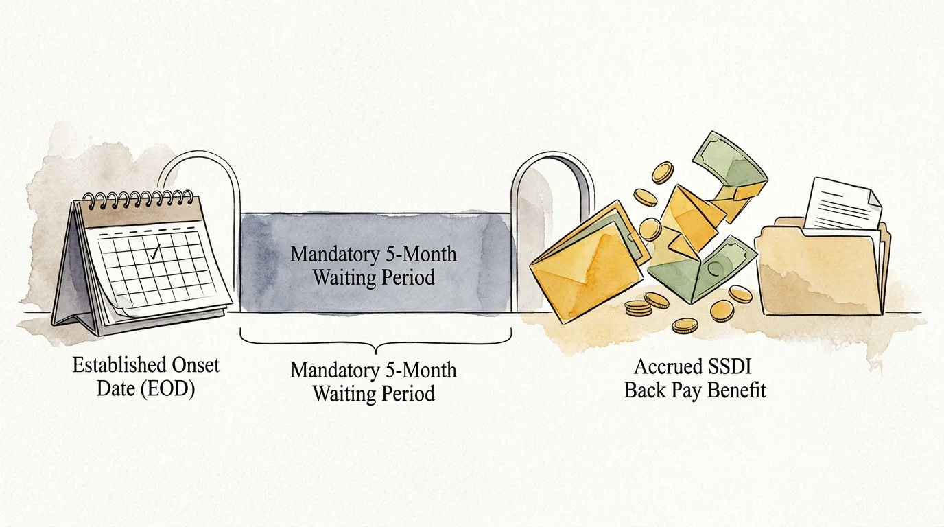 Diagram with a calendar, a 5-month waiting period block, and money flowing from folders into SSDI back pay benefits.