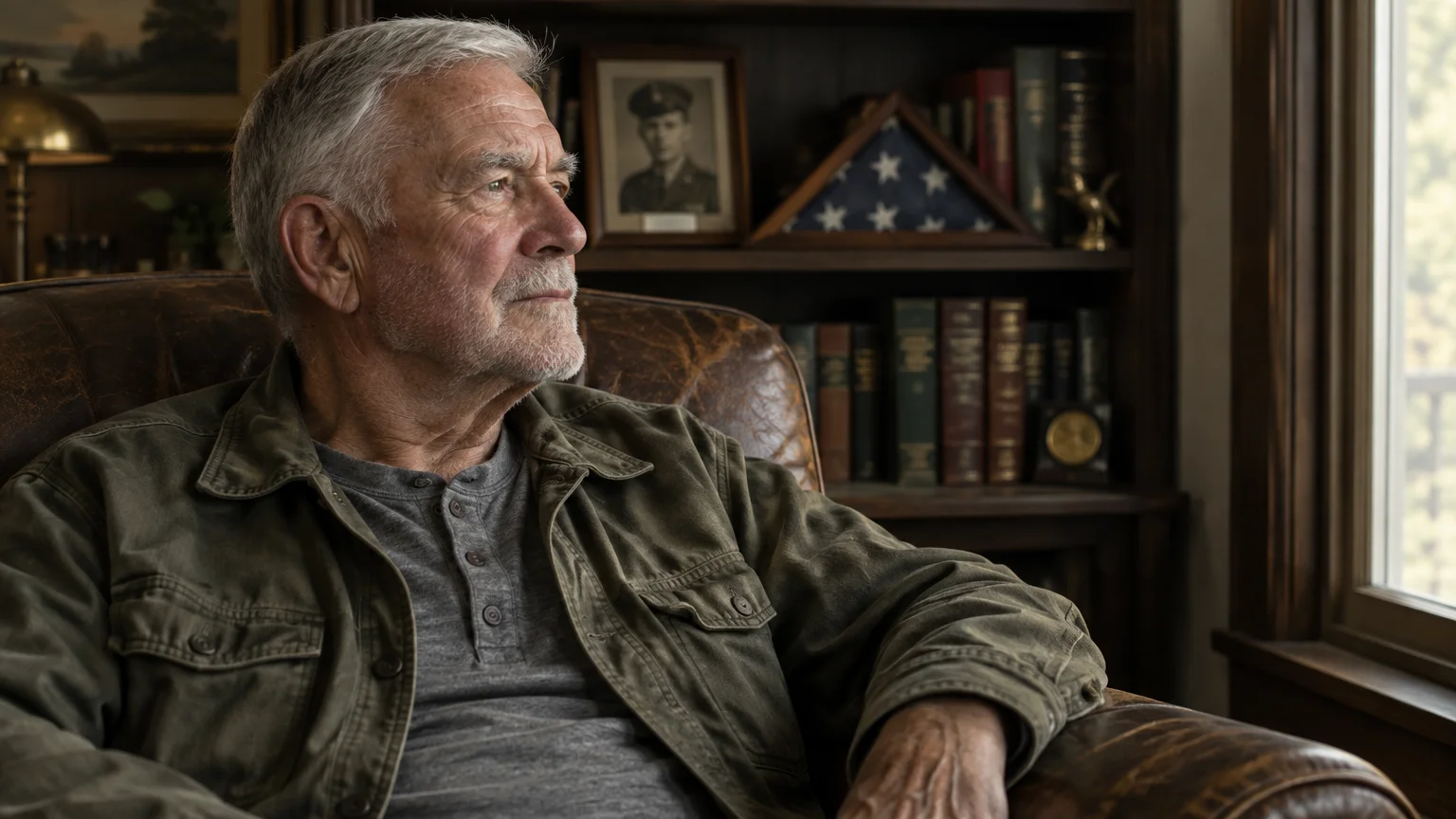 Senior man sitting in a leather armchair looking out a window near a folded American flag on a bookshelf.