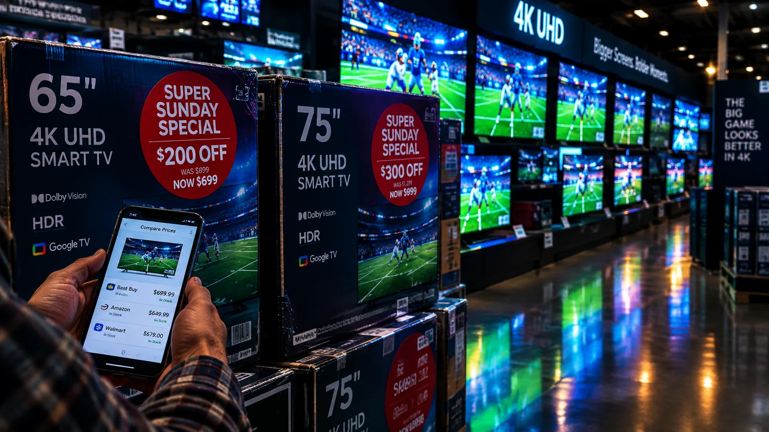 Boxed 4K TVs on sale in a store aisle as a shopper compares retail prices on a smartphone.