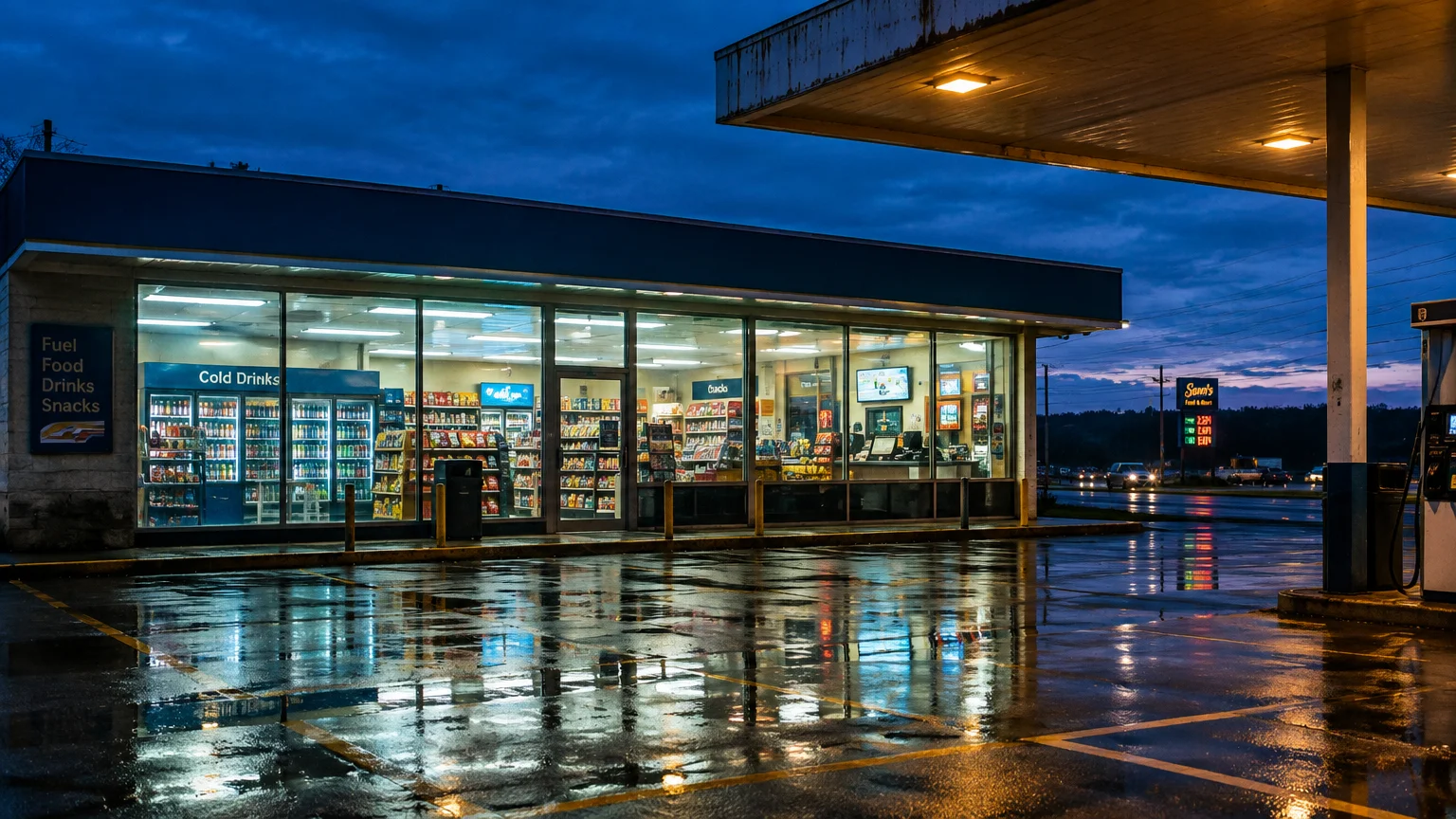 Brightly lit convenience store and gas station canopy reflecting across a wet asphalt parking lot at dusk.