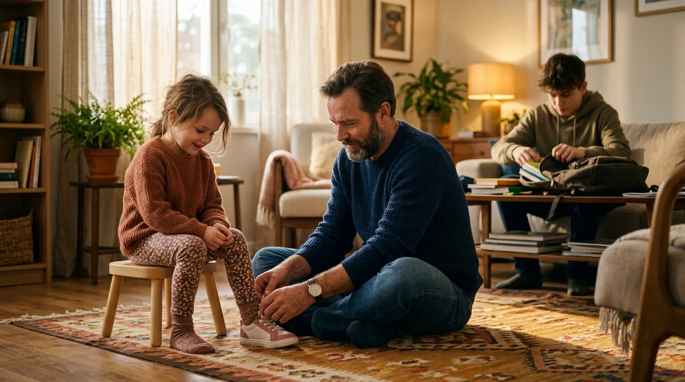A father helps his young daughter put on shoes in a living room while an older son packs a backpack on the couch.