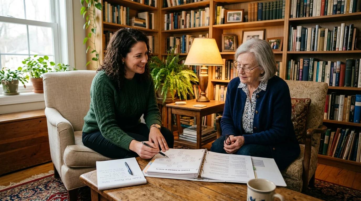 Two women sit in armchairs reviewing estate planning paperwork on a coffee table in a room with bookshelves.